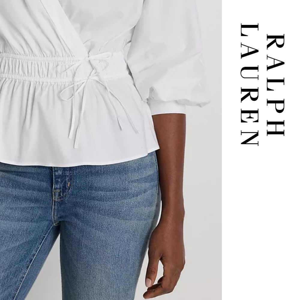 Ralph Lauren - Cotton-Blend Peplum Blouse - White - Medium - Picture 3 of 5
